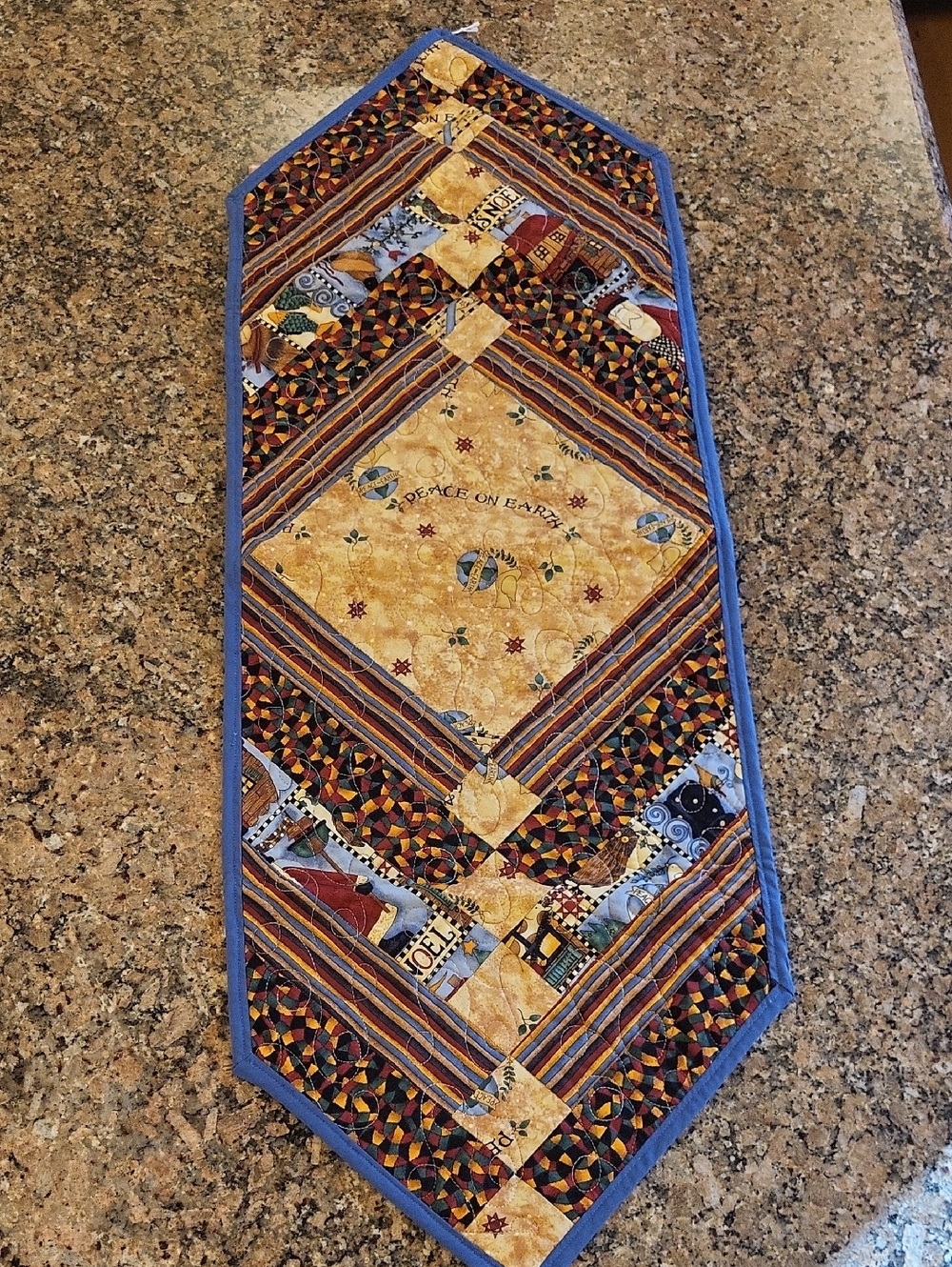 Handmade Patchwork Table Runner Christmas in Gold, Blue, Black